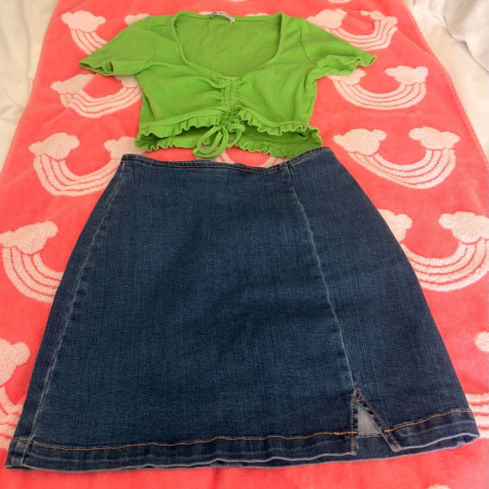 Zara Vibrant Green Top and Classic Blue Skirt Set